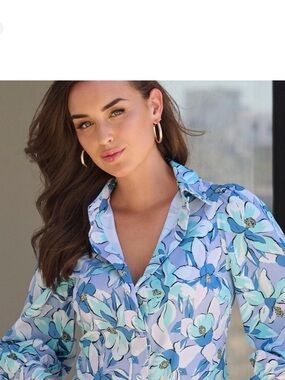 Boston Proper Victoria Chic Drama Sleeve Blouse M Lillies Print Coastal Chic